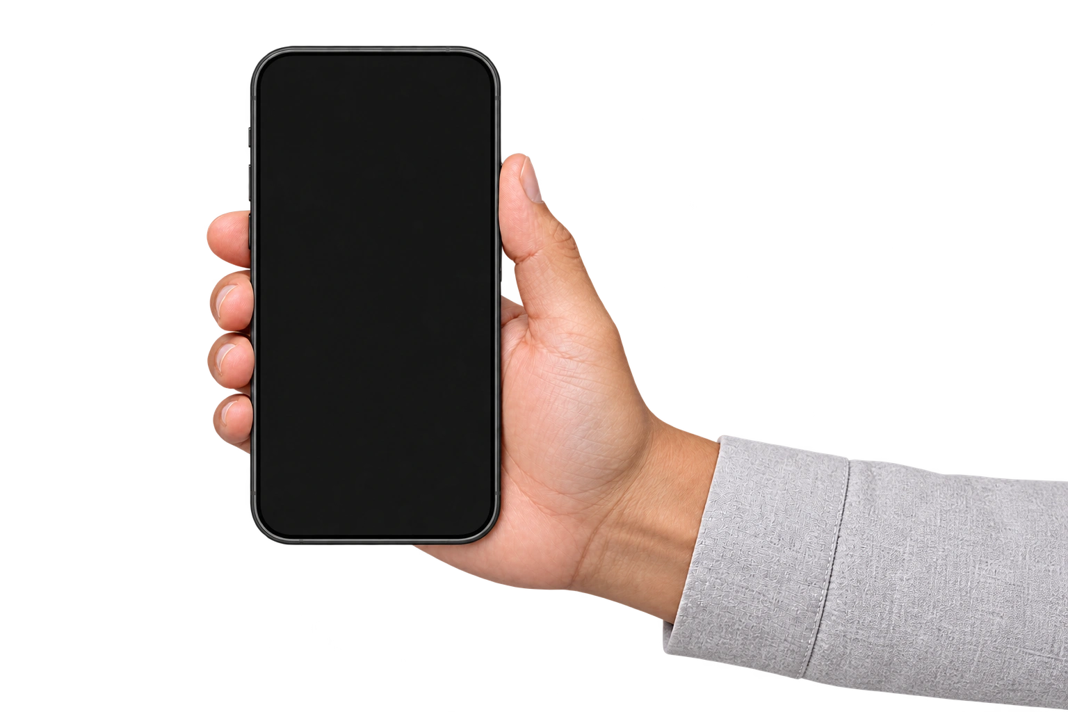An iPhone in a right hand, with the forearm entering from the edge of the page