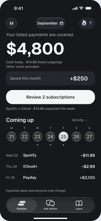 Sample Position: $4,800 cash today, $250 saved this month, and upcoming payments. Listed payments only; other costs are excluded.