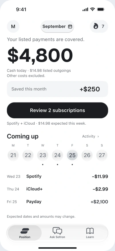Sample Position: $4,800 cash today, $250 saved this month, and upcoming payments. Listed payments only; other costs are excluded.